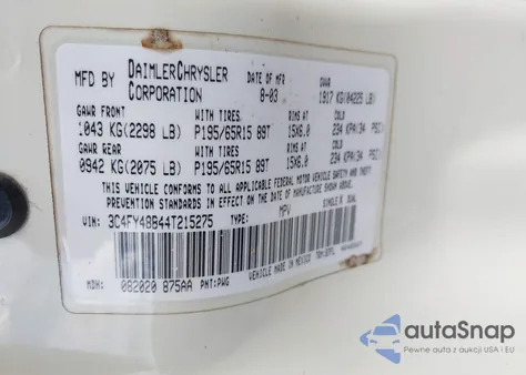 2004 Chrysler Pt Cruiser z USA, uszkodzony, nr VIN 3C4FY48B44T215275